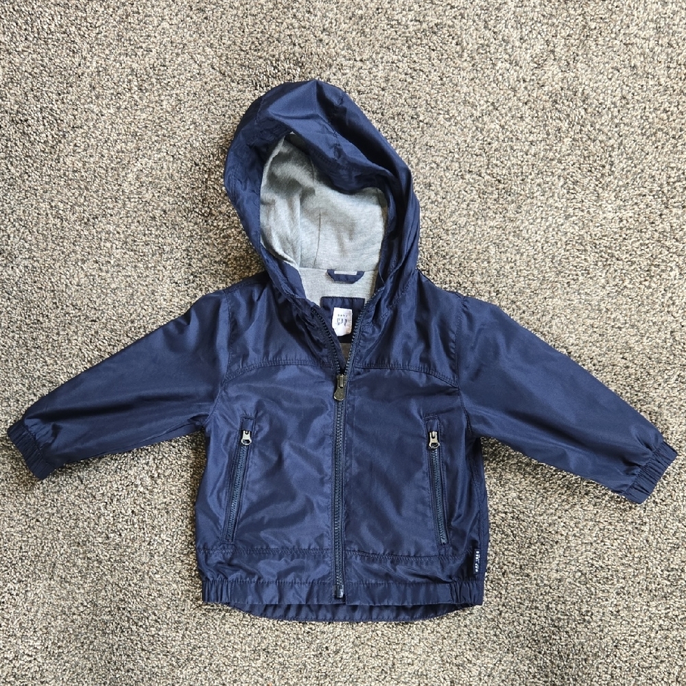 GAP Navy Hooded Rain Jacket with Light Gray Hood Lining